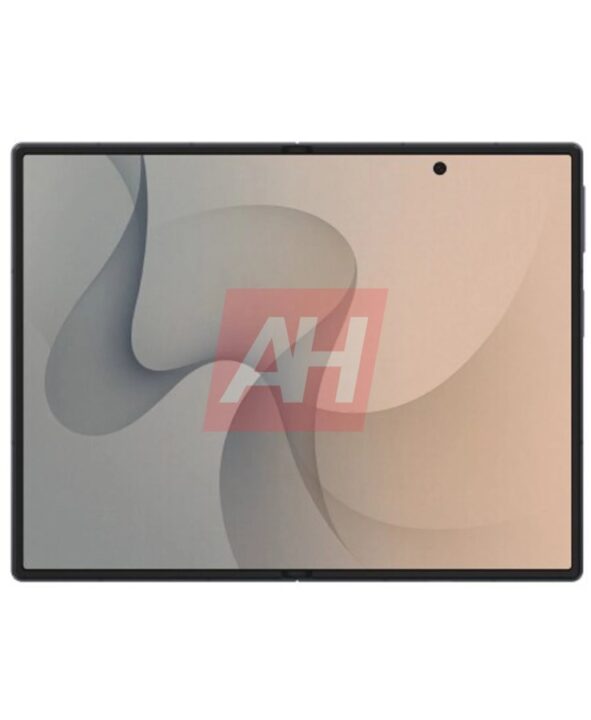 Tablet with a wide, edge-to-edge screen showing an abstract gray-beige wallpaper and a front-facing camera along the top edge.