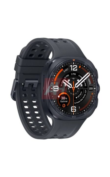 Smartwatch with dark gray band and orange-accented analog-digital display facing viewer, showing activity metrics and date.
