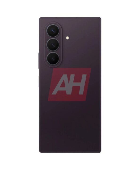Back of a purple smartphone with a vertical triple-camera module and small flash on the right of the cameras (AH watermark).
