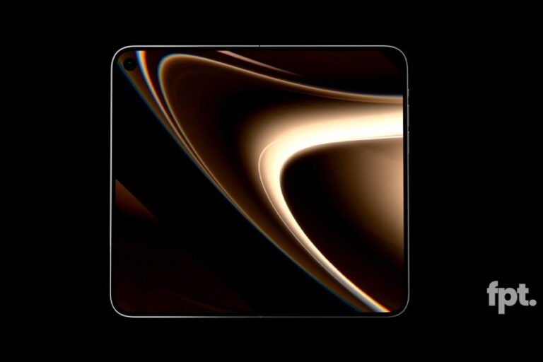 Close-up of a black tablet with rounded corners displaying an abstract orange light curve on a dark background.