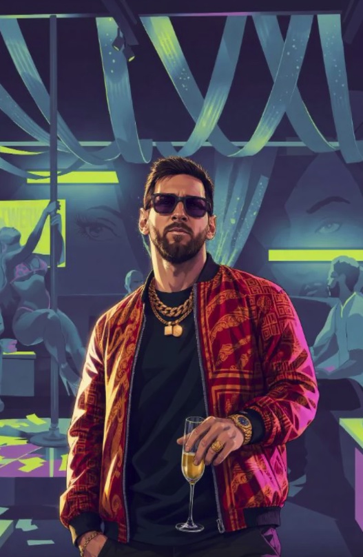 Man in a Red Patterned Jacket and Sunglasses Holding a Champagne Flute at a Nightclub with Neon Lights Behind Him