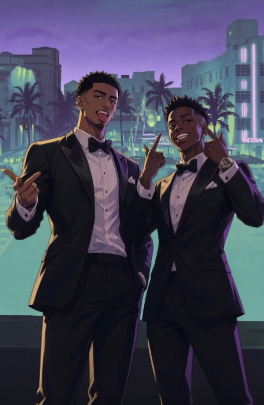 Two Men in Black Tuxedos Posing Confidently at Night in a Cityscape with Palm Trees in the Background Flashing Smiles and Finger Gunspeace Signs