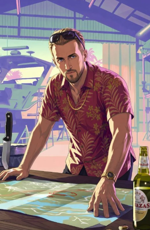 Illustration of a Man in a Pink Tropical Shirt Leaning over a Map on a Wooden Table with a Knife and a Bottle Nearby a Boat and Marina in the Background