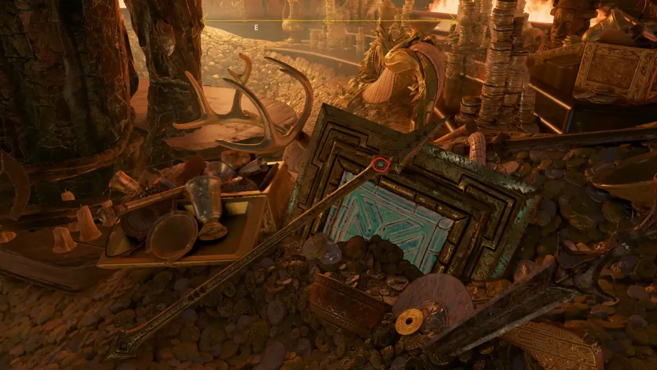 Looted Treasure Chamber with Piles of Coins Plates and Jewelry a Broken Ornate Door Resting Among the Loot