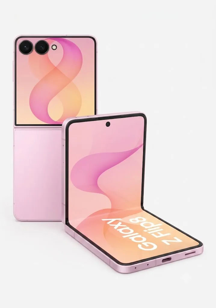Two pink Samsung Galaxy Z Flip foldable phones, one closed and one open, showing pink gradient screens.