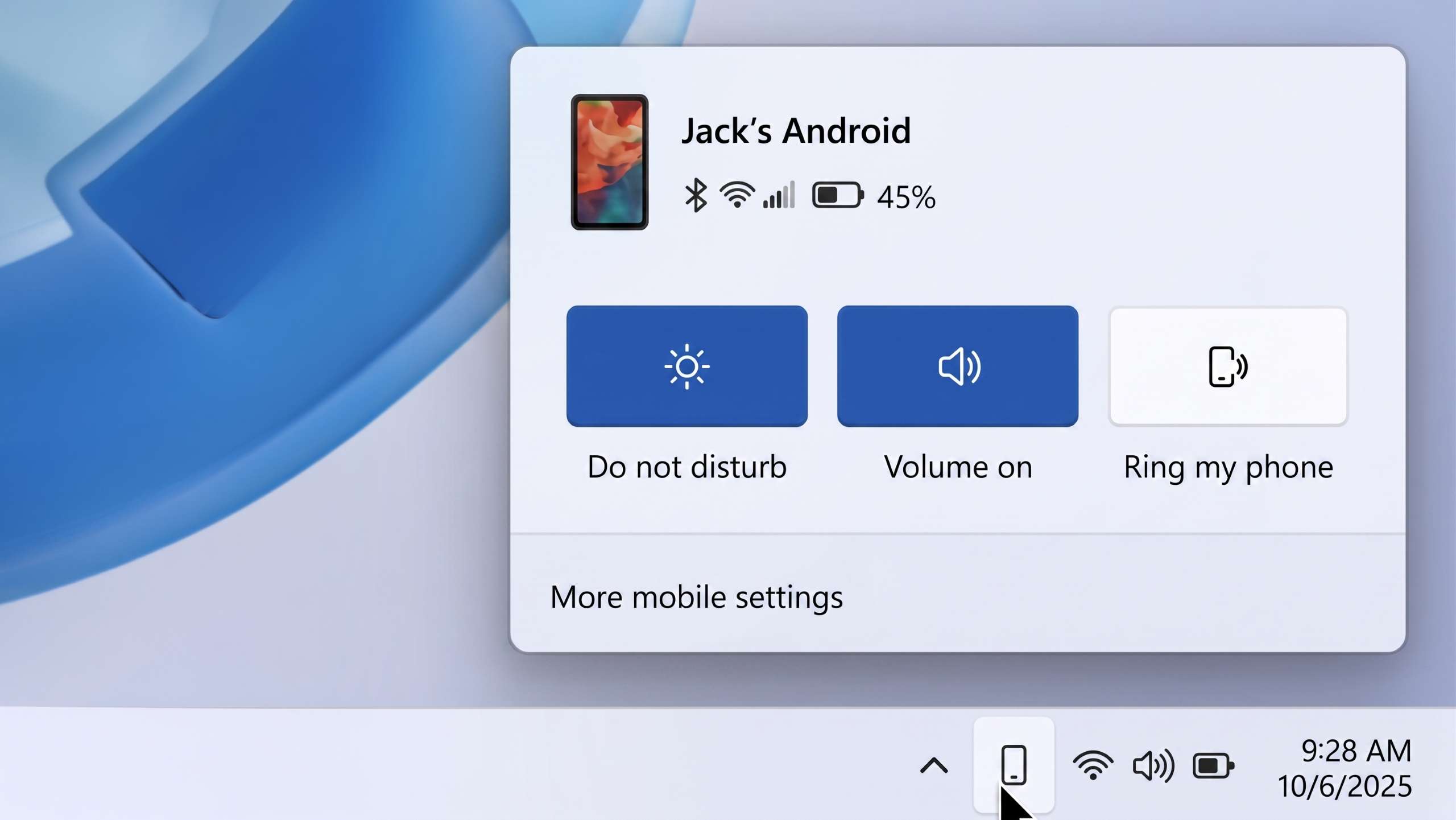 Quick settings panel titled Jack's Android with Do not disturb, Volume on, and Ring my phone actions.