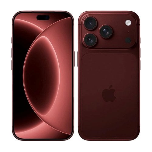 1000049381 Front and back view of a red iPhone with a triple-camera system and Apple logo on the back.
