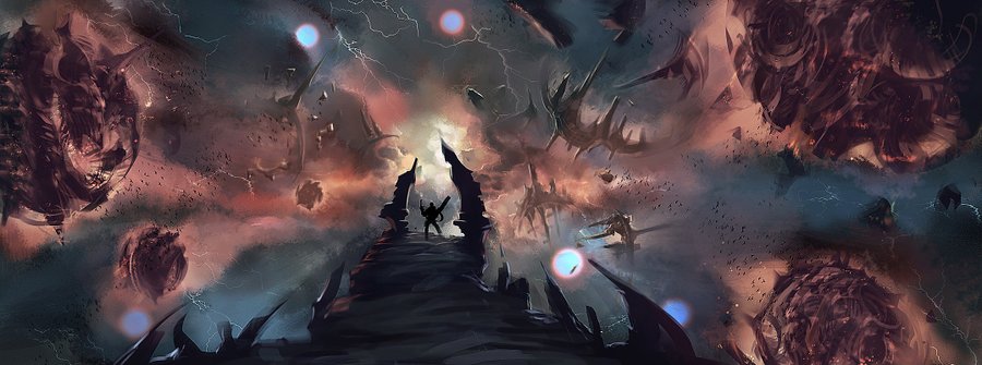 Hm vwh6xaaavxim Two Silhouetted Figures on a Dark Jagged Bridge Against a Stormy Otherworldly Sky with Glowing Orbs