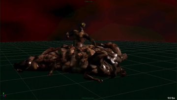 Hncwiyrw0aaqqb3 Pile of Dark Humanoid Figures Heaped on a Grid filled Ground Under a Red tinted Sky with a Lone Figure Atop the Pile