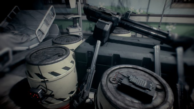 Hm i rpxuaax9lw Sci fi Gun Mounted on a Rail over Large Cylindrical Drums in a Dim Futuristic Room
