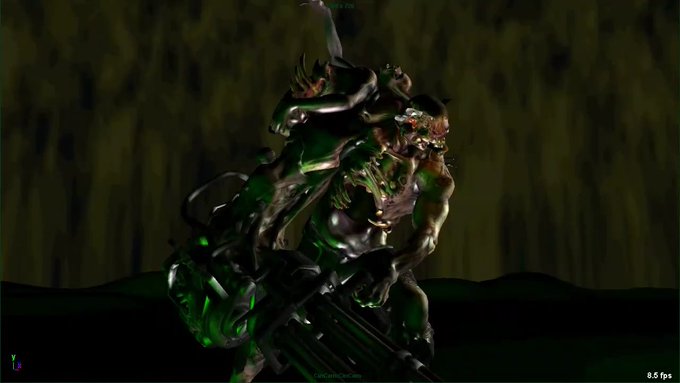 Hncu7lkxyaaet0y Dark Green Demon Wielding a Large Futuristic Rifle in a Dim Cavern Backdrop with Green Glow