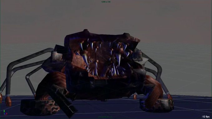 Hncwixtxiai8nqf Dark Menacing Scifi Creature with Large Fanged Mouth on a Blue Grid Floor Resembling a Game Monster in a Dim Environment