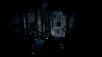Hm kskpxeaamabw Dark Industrial Tunnel with Exposed Pipes a Silhouette in the Foreground Approaches a Glowing Doorway Ahead