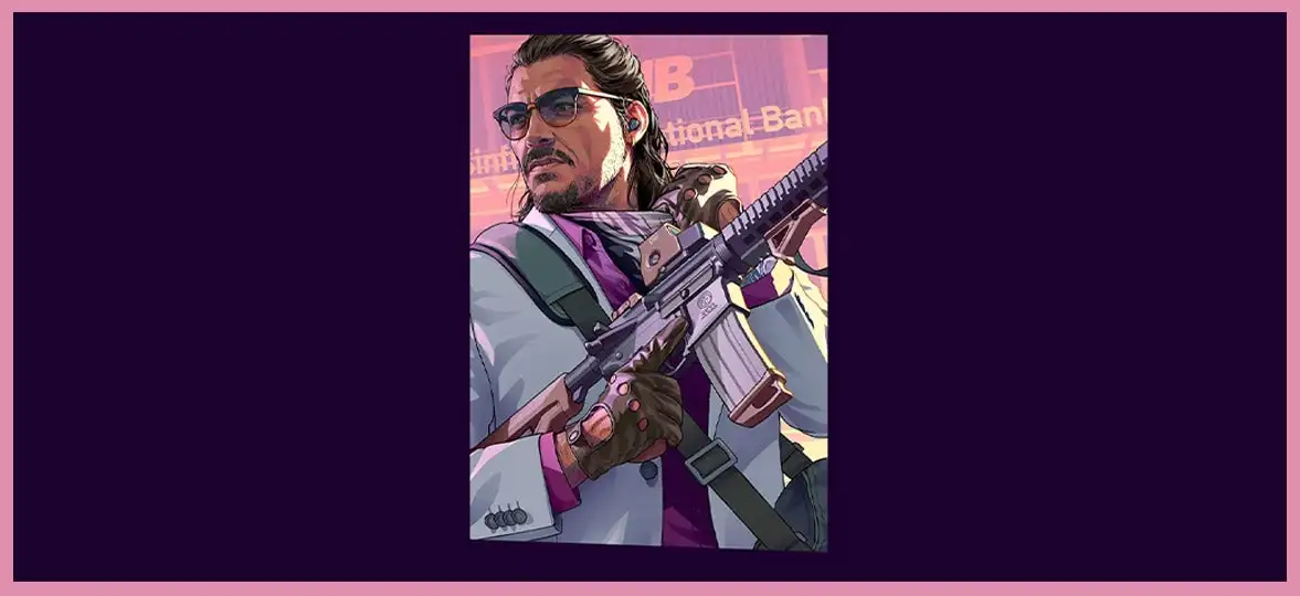 Gta 6 raul Bautista Stylized Illustration of a Man with Sunglasses in a Pink toned Background Gripping an Assault Rifle and Wearing a Light Gray Suit Jacket with Gloves