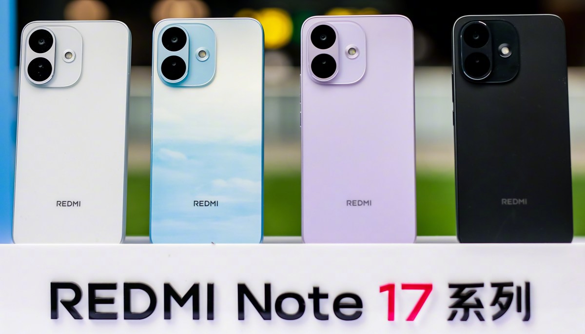 Back view of four Redmi Note 17 phones in white, blue, lavender, and black, each with a dual-camera module on the top-left.