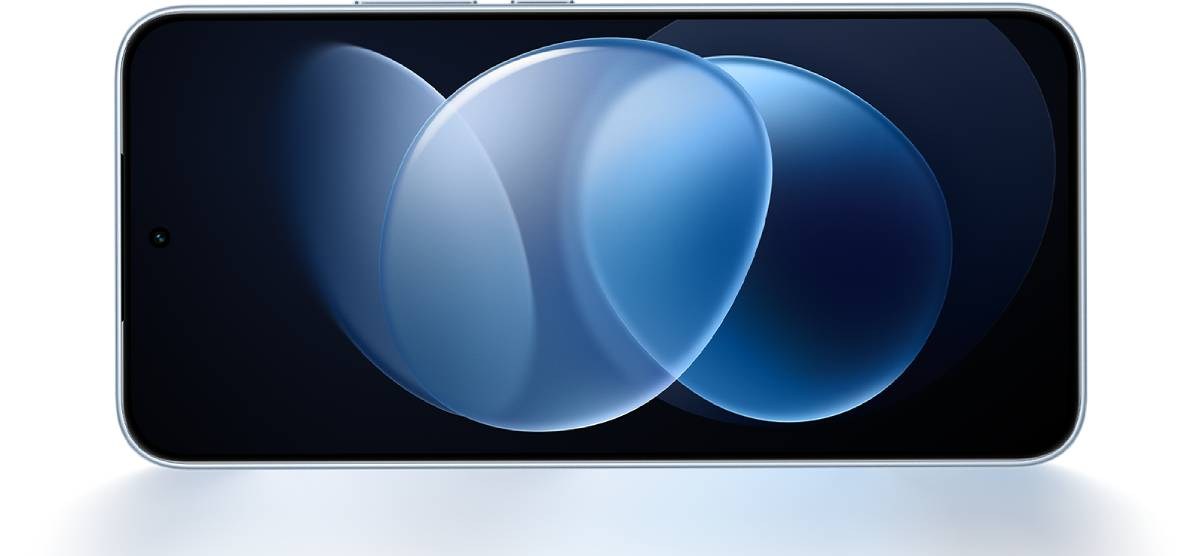 Front view of a slim smartphone with edge-to-edge display showing blue abstract orb wallpaper on a white surface.
