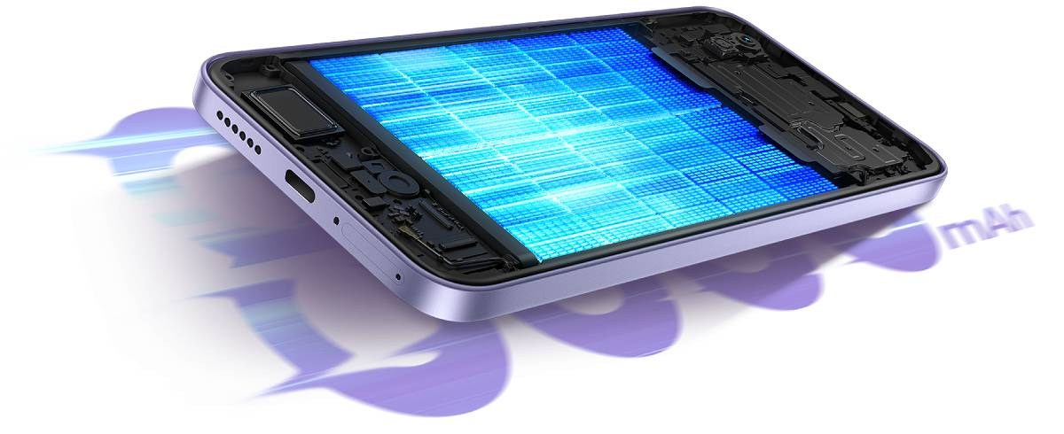 Smartphone with its back cover removed, exposing the blue battery and internal circuitry in a tilted, motion-blurred view