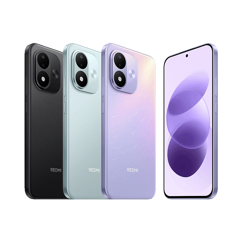 Multiple Redmi smartphones in black, mint, and lavender colors shown from back; one model displays front screen with purple wallpaper.