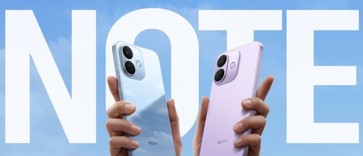 Two Redmi Note phones (blue and lavender) held up in front of a blue sky with a large white NOTE behind them.