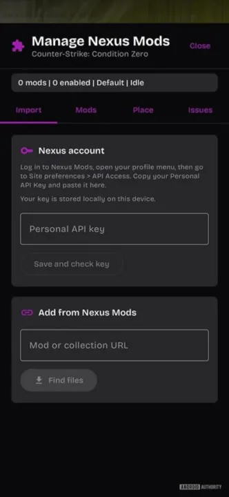 Dark themed Nexus Mods Interface Showing Manage Nexus Mods Header Tabs import Mods Place Issues and Two Panels Nexus Account with an Api Key Field and Save and Check Key Button and Add from Nexus Mods with a Url Field and Find Files Button