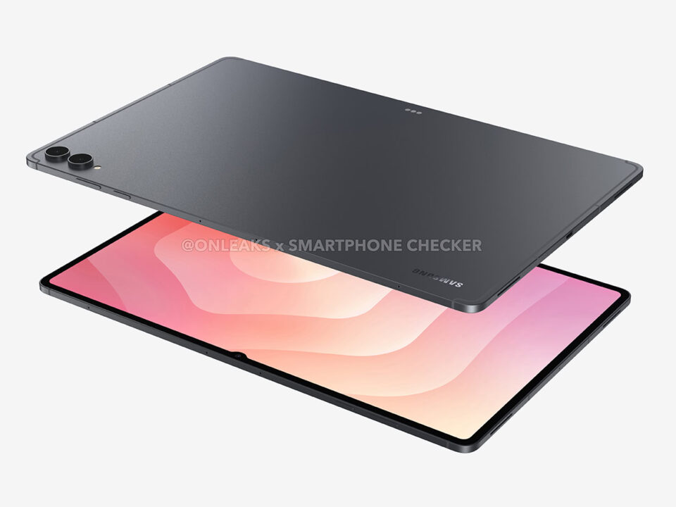 Dark gray tablet shown from back above a front-facing tablet with a pink abstract wallpaper, illustrating both sides.