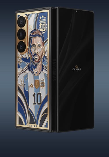 Luxury smartphone with a gold-edged back plate showing a stylized footballer portrait, triple-camera setup, Caviar branding.