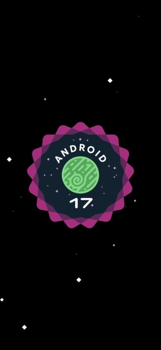 Android 17 badge with a green planet icon, navy center, and pink-purple layered border on a black background.