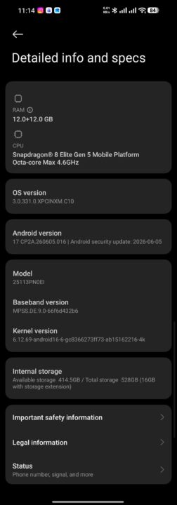 About phone screen showing RAM and CPU details (12GB+12GB RAM, Snapdragon 8 Elite Gen 5 Octa-core 4.6GHz), OS and Android versions, device model, baseband, kernel version, internal storage, and sections for safety and legal information.