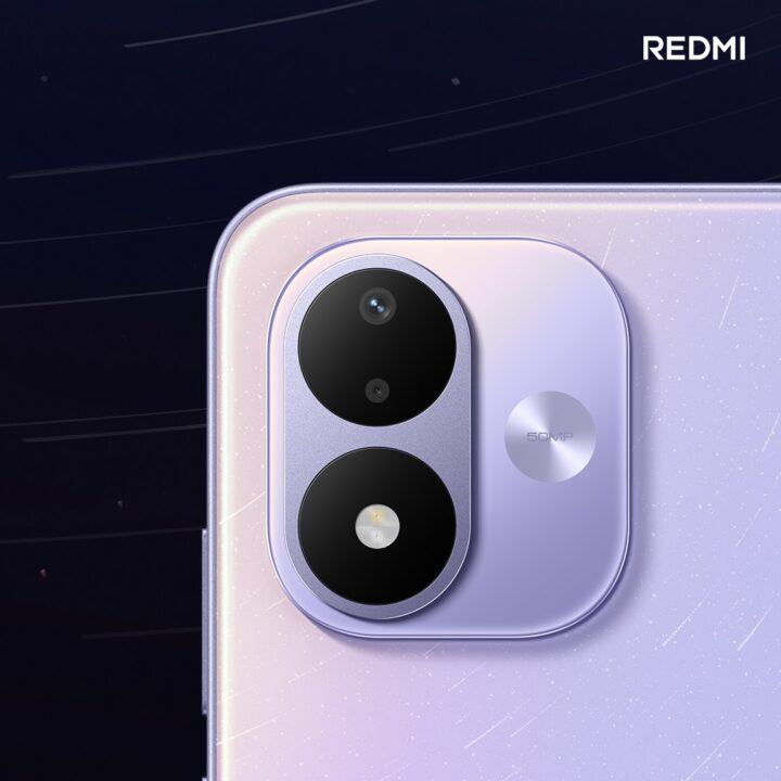 Lavender smartphone back with a dual-camera module and flash, visible branding in the corner (Redmi)