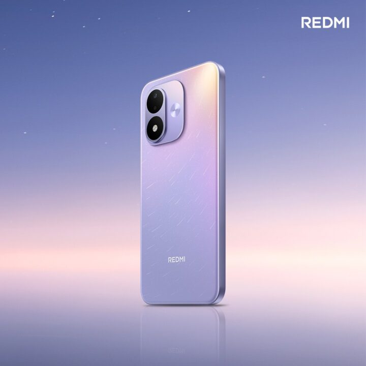 Purple-pink gradient Redmi smartphone shown from rear with large dual-camera module and 'REDMI' logo near bottom, against a pastel sky backdrop (product shot).