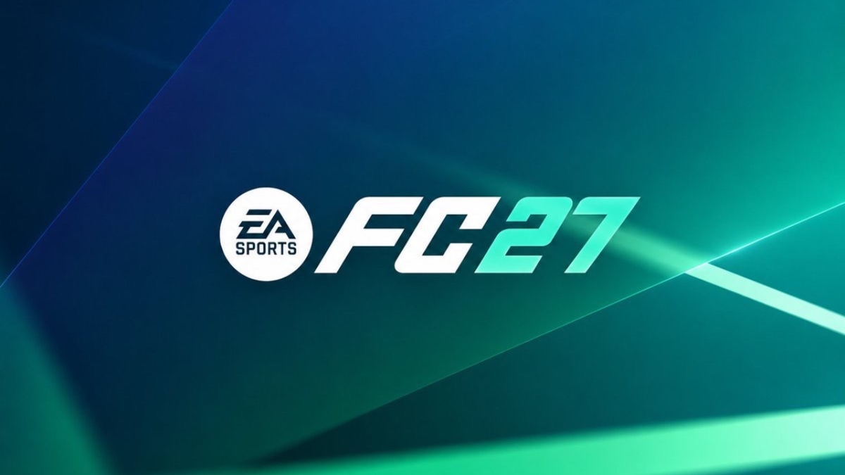 'ea Sports Fc27' Branding with a White Circle Logo on a Teal blue Gradient Background