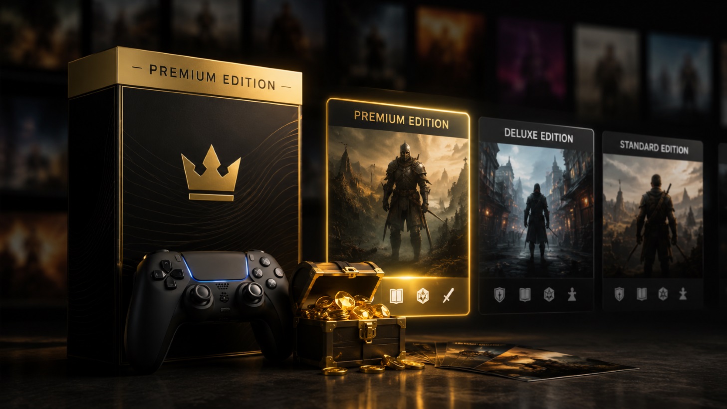 Premium Edition Game Display with a Controller Treasure Chest and Gold Coins Beside Glowing Game Cards Titled Premium Edition and Deluxestandard Editions on a Dark Shelf