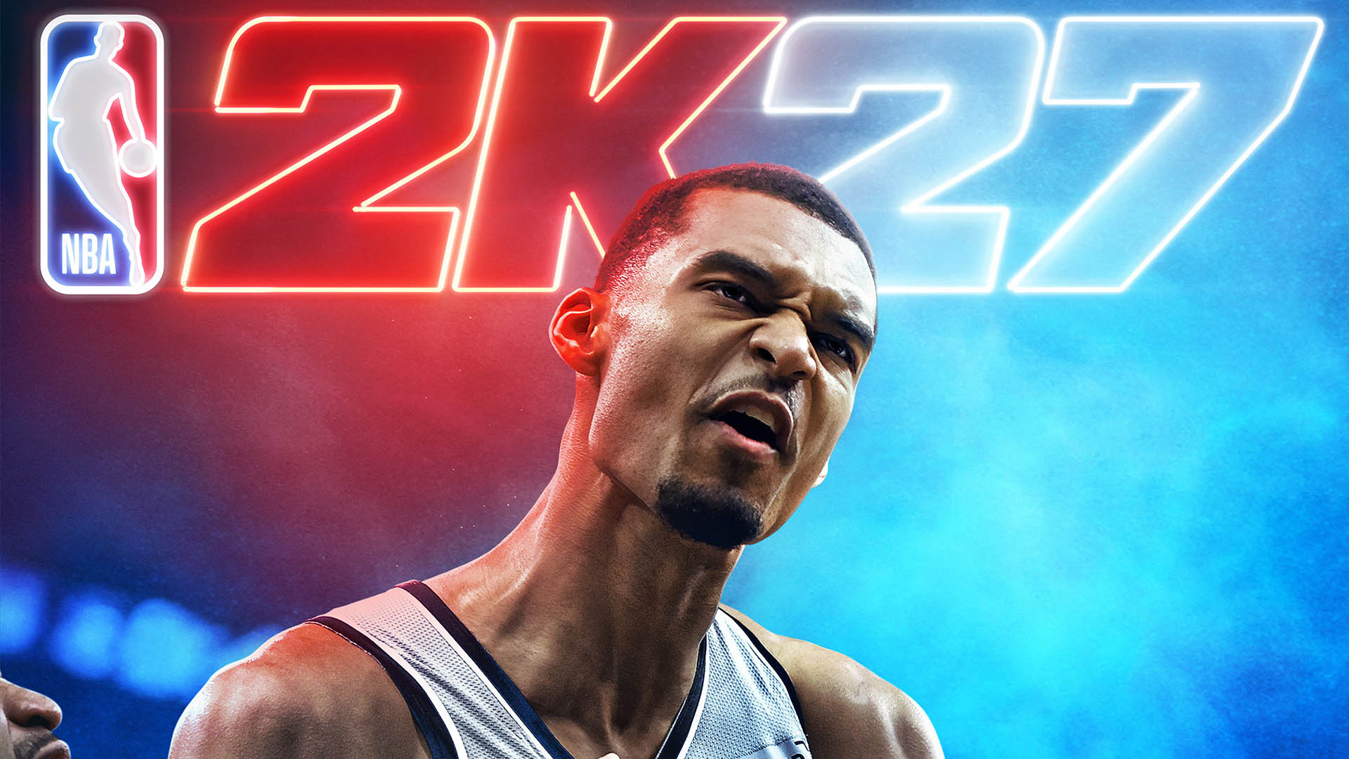 Promotional Image for Nba 2k23 Featuring a Determined Basketball Player Against a Neon lit Backdrop and the Nba Logo on the Left