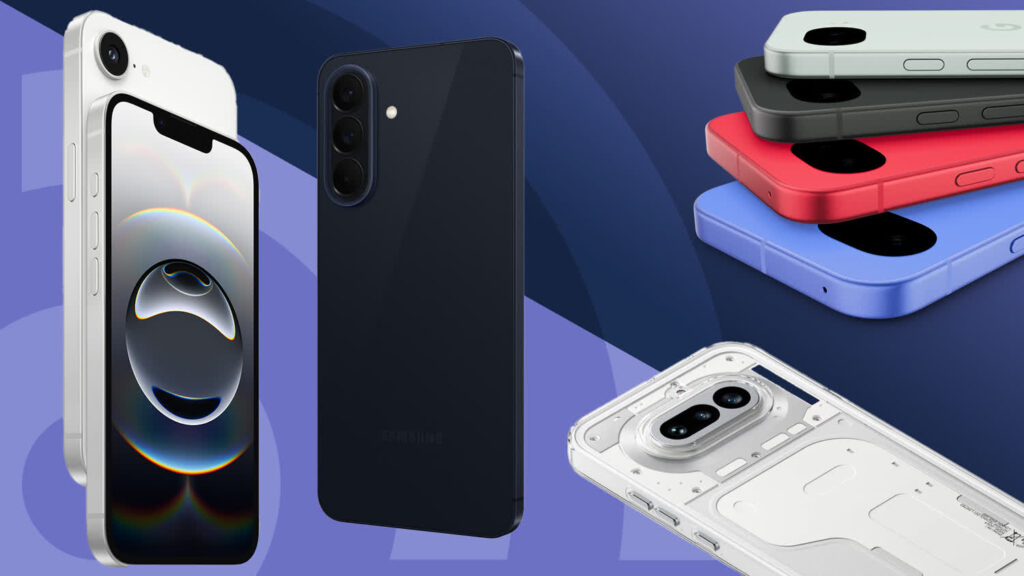 Collection of iPhone models in multiple colors arranged against a purple geometric backdrop.