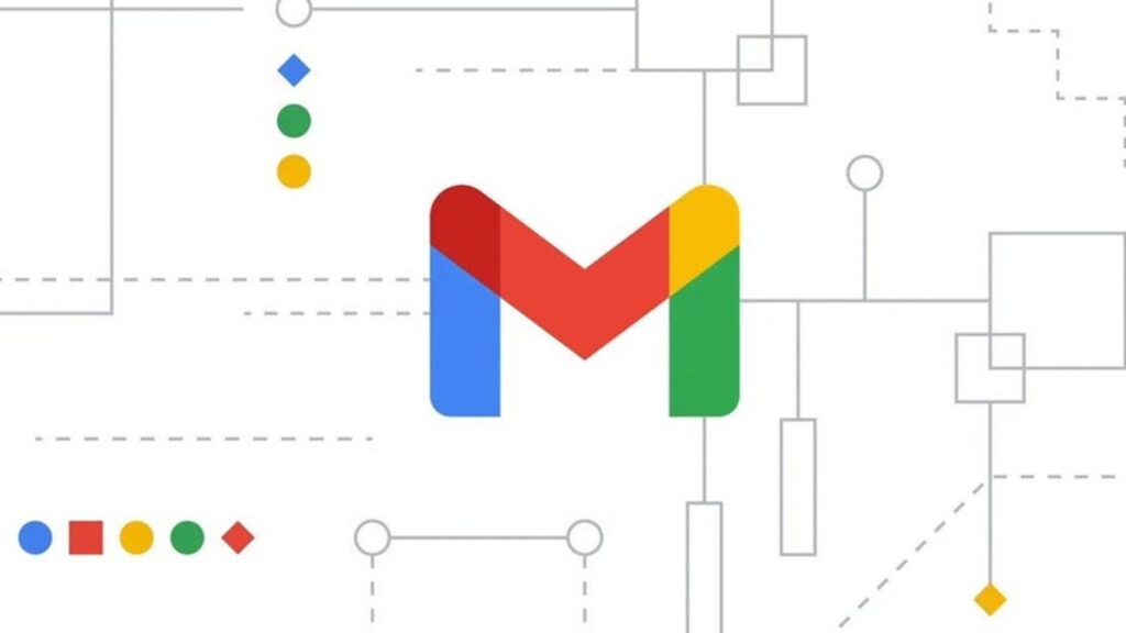 Gmail logo centered on a light gray technical schematic background with circuit lines and shapes