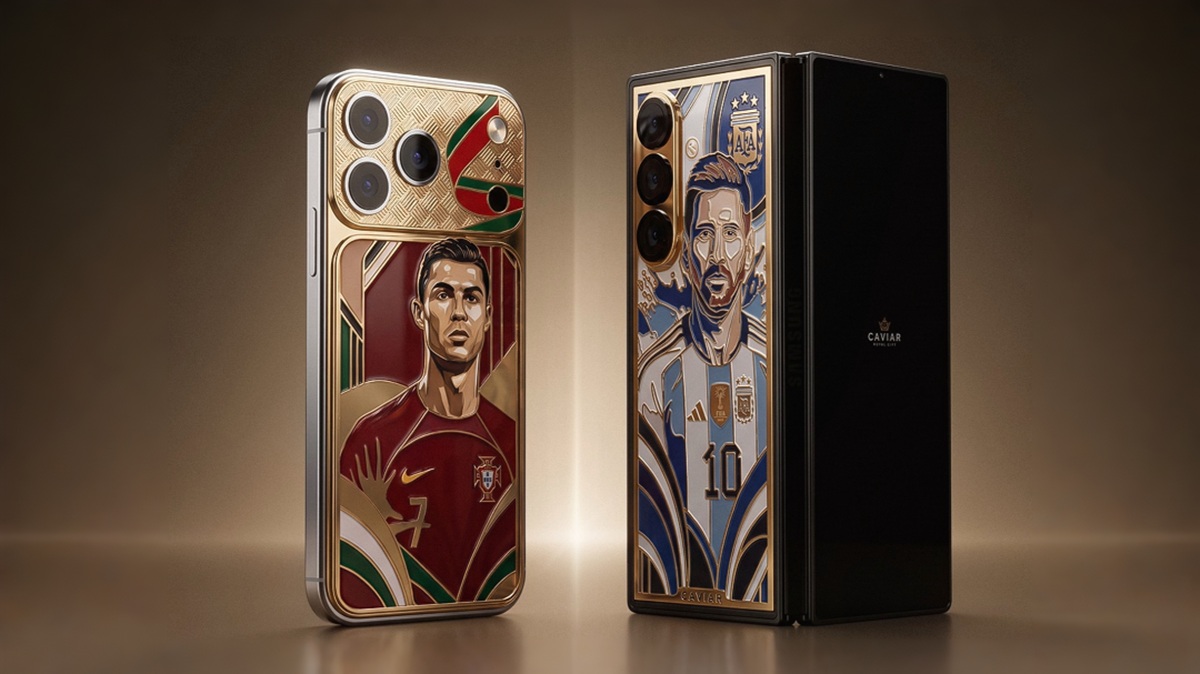 Two premium smartphones with gold-embellished backs, each featuring stylized portraits of football players in team jerseys.