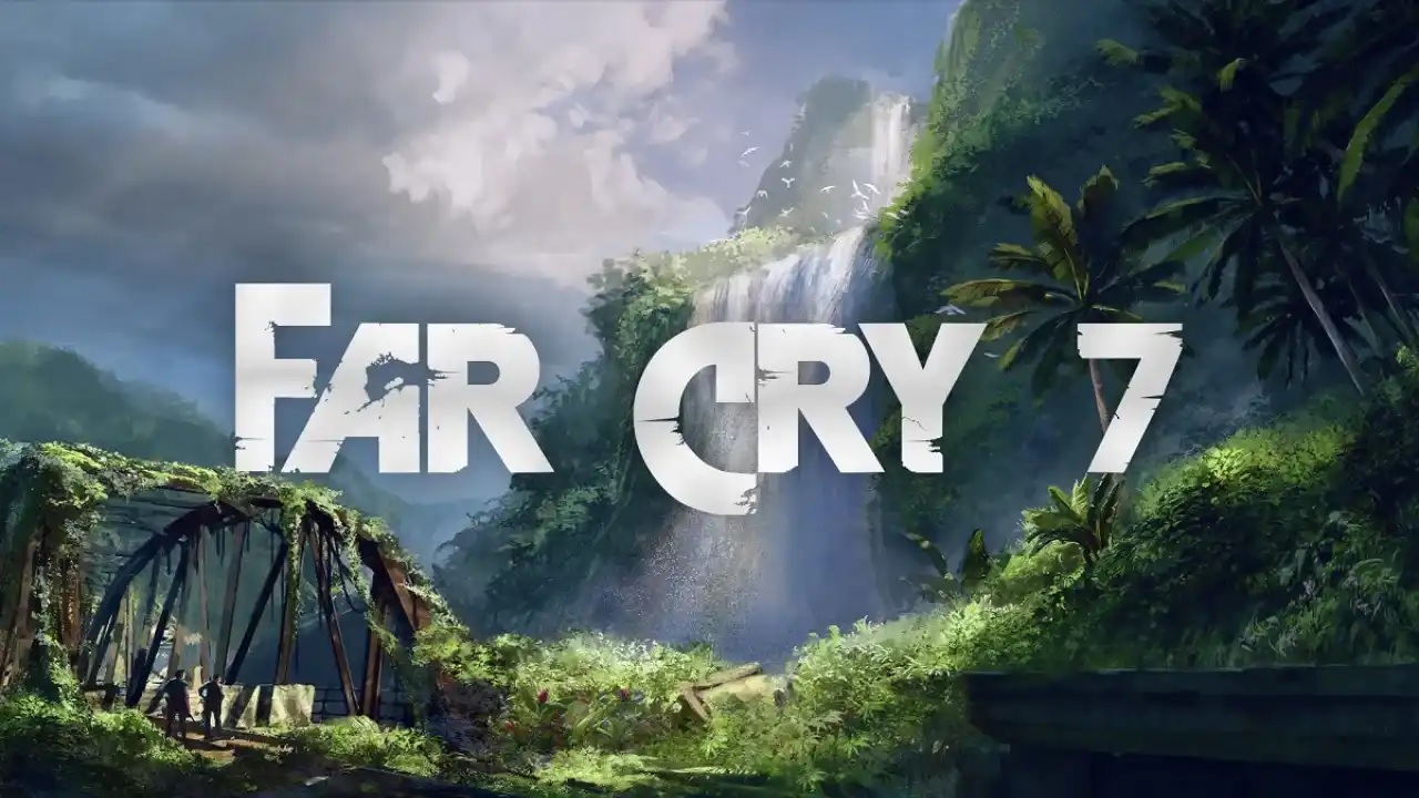 Lush Jungle with a Waterfall and Ruined Bridge Overlaid by the Bold Text 'far Cry 7' for a Game Promo