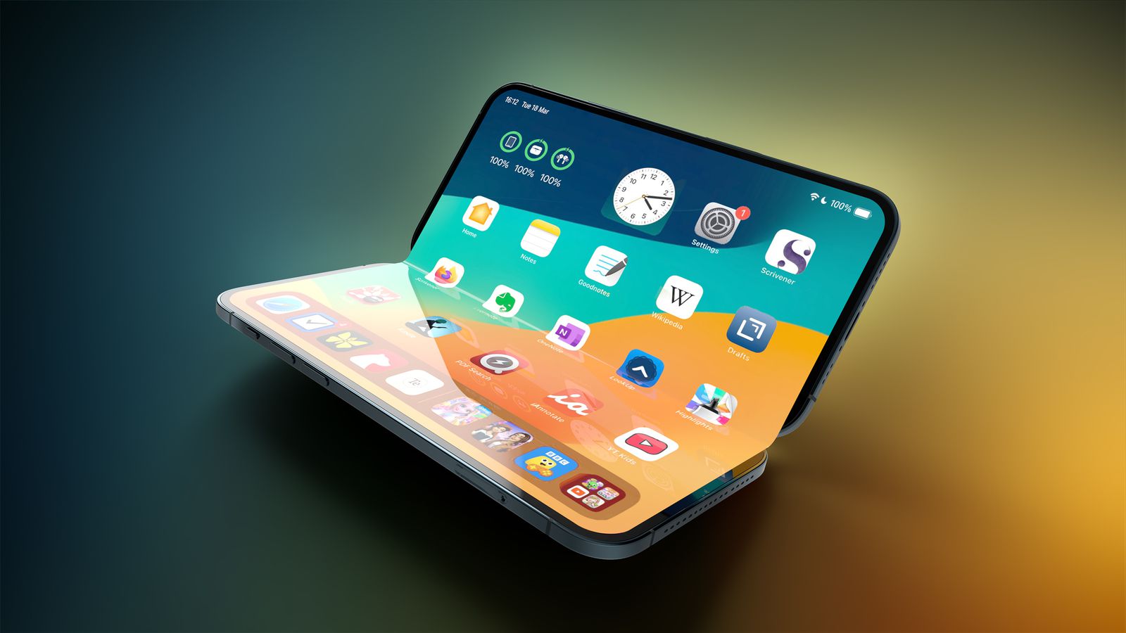 Foldable smartphone opened at an angle displaying app icons on its home screens against a teal-to-orange gradient background.