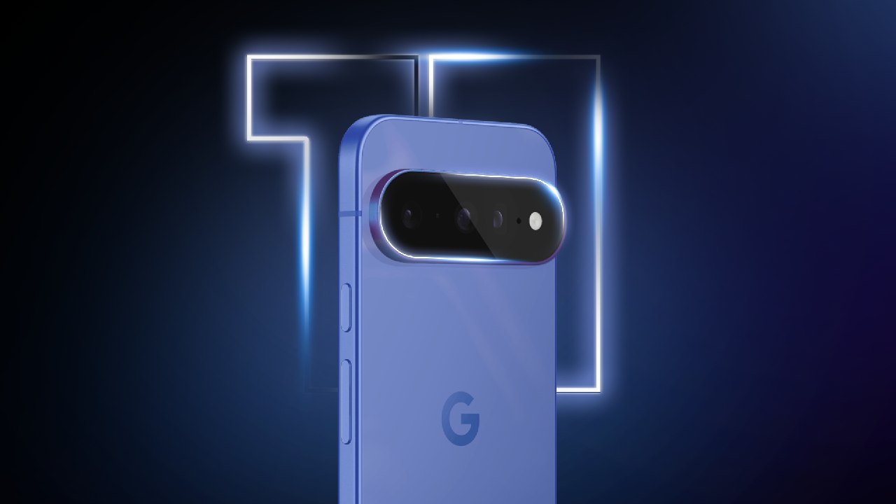 Blue Google Pixel smartphone seen from the back with a wide horizontal camera bar against a dark blue glow in the background.