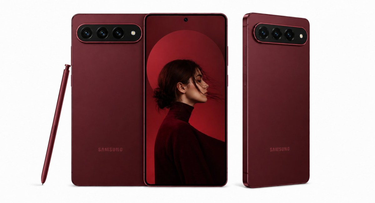 Red Samsung Galaxy smartphone with an S Pen beside it, shown from front and back to highlight the triple-camera rear module.