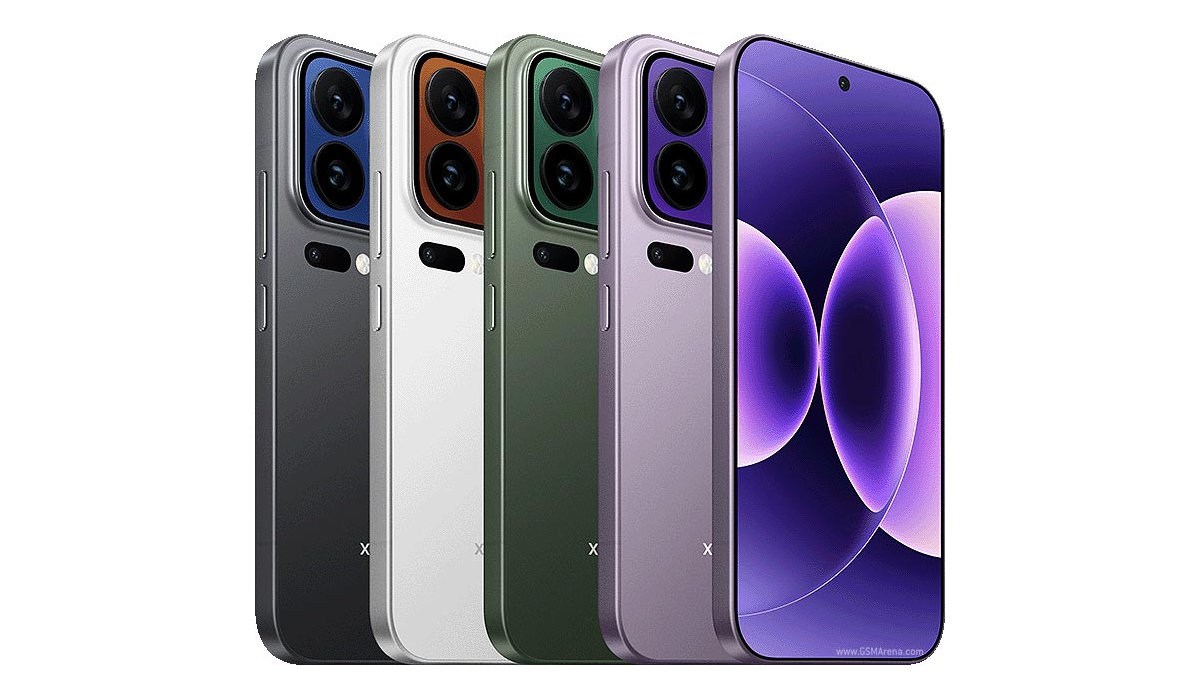 Five smartphones fanned out in a row, showing back panels in dark gray, silver, green, lavender, and purple, with a purple-front display on the right.