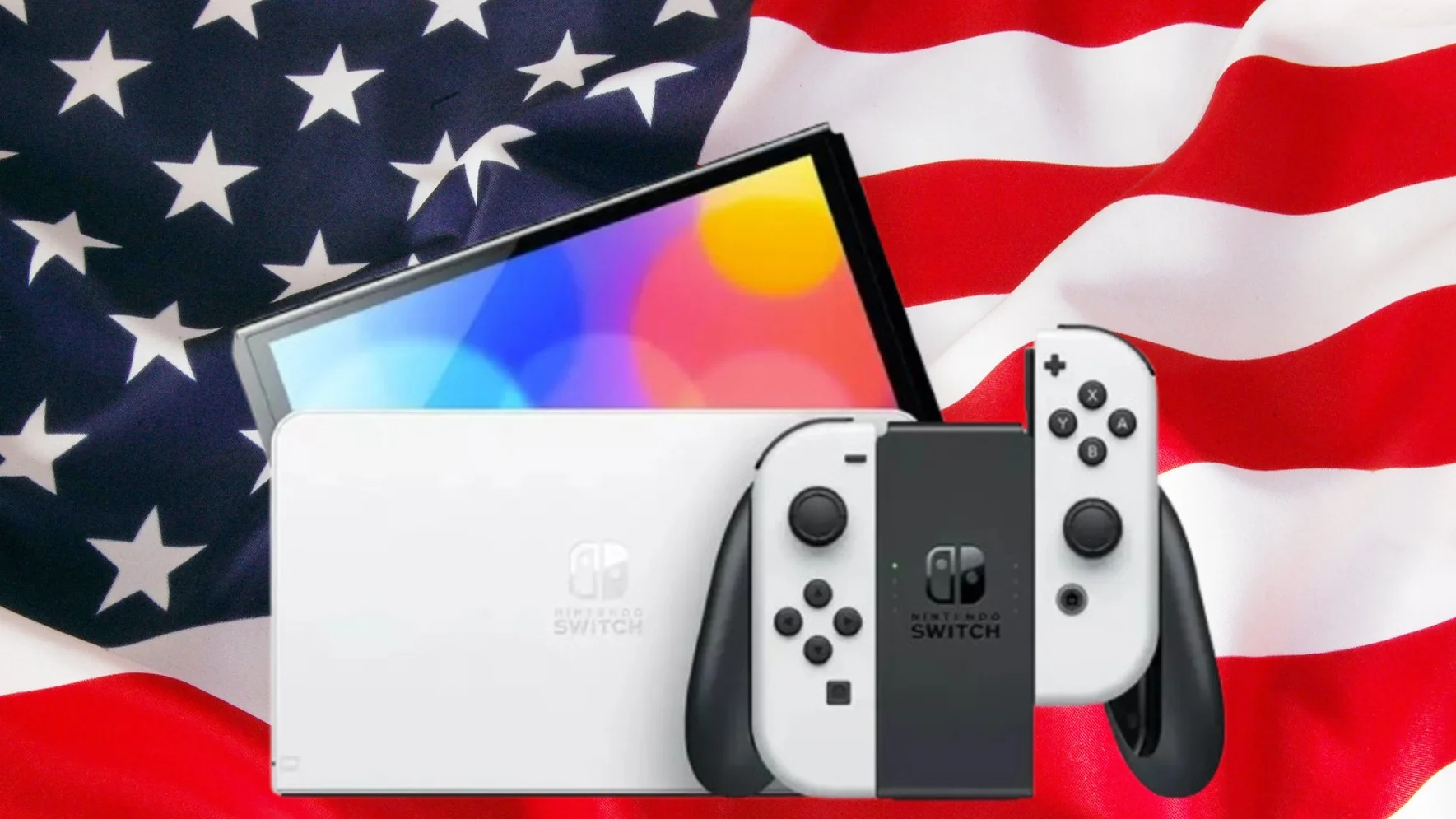Nintendo Switch with White Joycons in a Docking Station Laid over an American Flag Backdrop