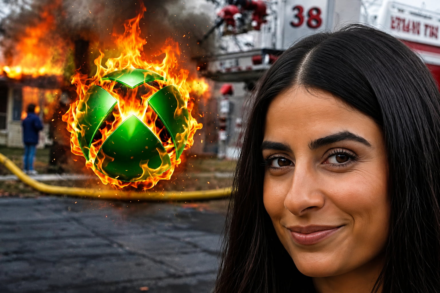 Smiling Young Woman on the Right As a Large Flaming Green Ball Explodes on the Left with a Fire Truck and Firefighters in the Background