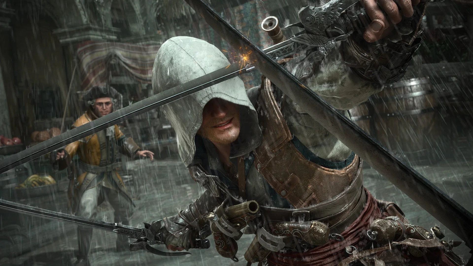 Hooded Assassin in Rain Wielding Two Crossed Swords in a Tense Urban Alleyway Scene
