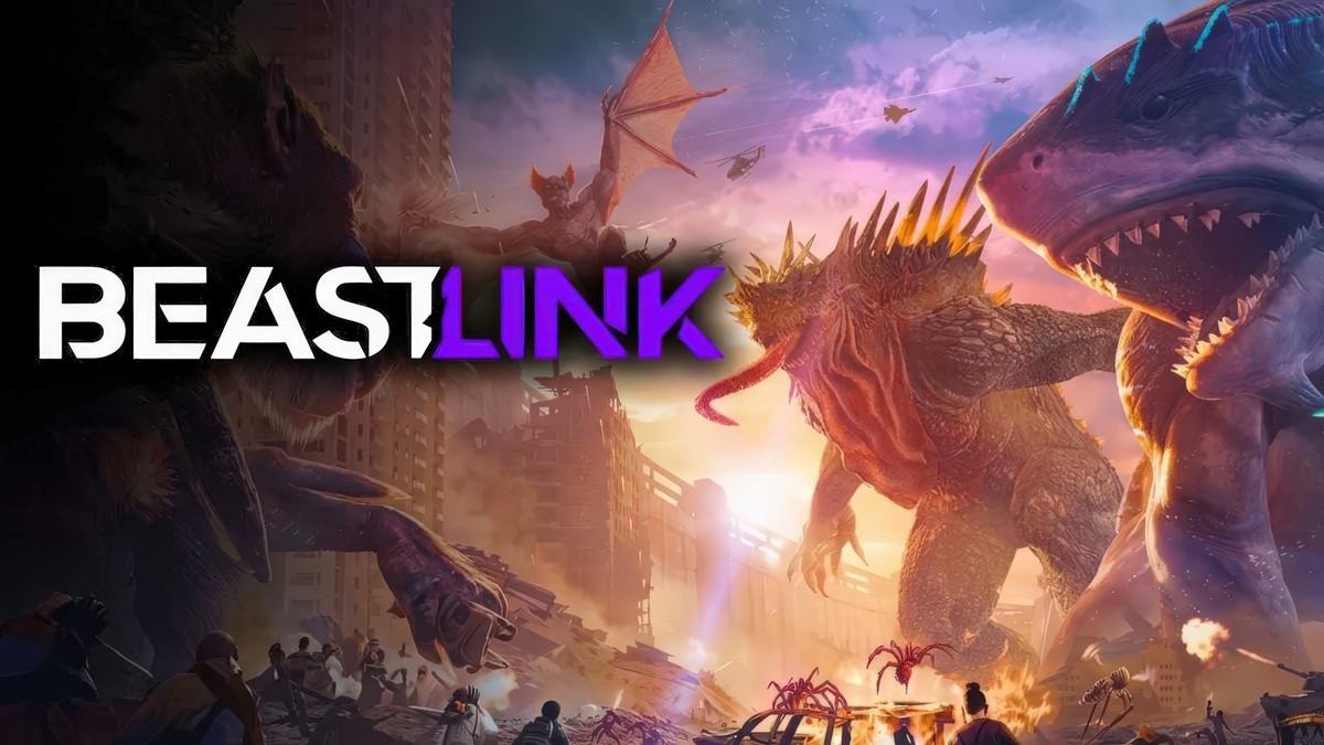 Promo Image for a Game Called Beastslink Featuring Giant Monsters Attacking a City at Sunset