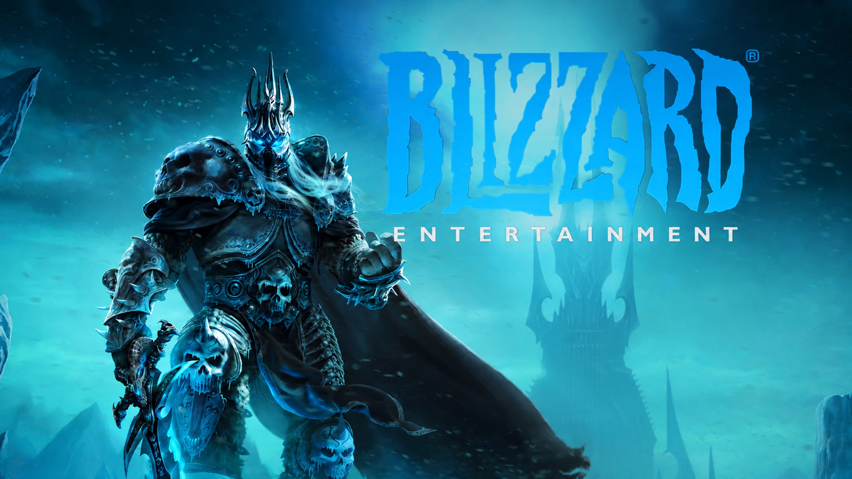 Blizzard Entertainment Banner with a Blue Ice armored Warrior Wearing a Skull Helm on a Frosty Backdrop
