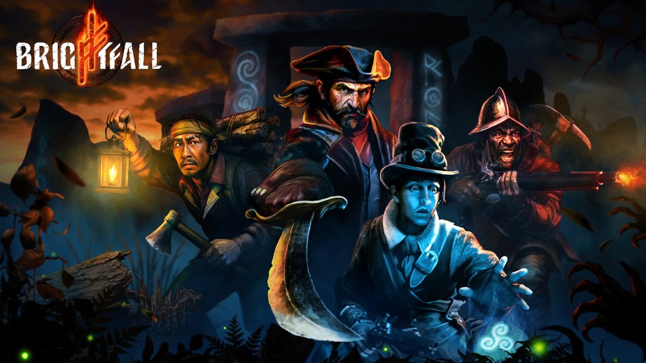 Game Cover for Brickfall with Four Adventurers Advancing Through a Dark Misty Landscape Lantern bearing Explorer Central Pirate like Leader Blue skinned Investigator in Front and a Gunner in the Background