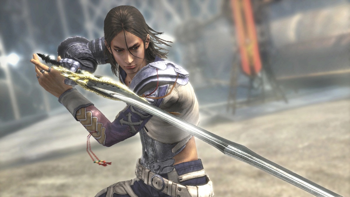 Female Warrior in Armor Wielding a Large Sword Mid swing in a Blurred Arena Setting