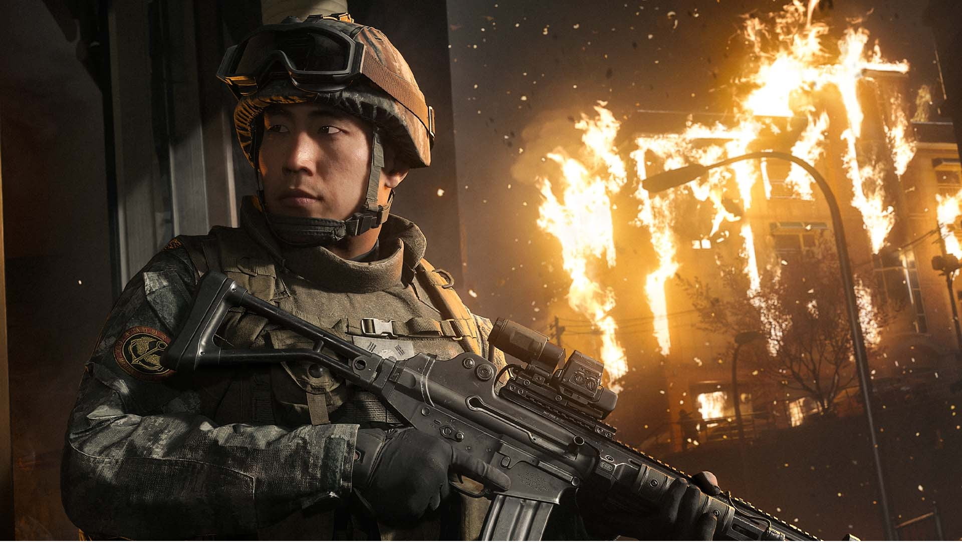Soldier in Camouflage Gear Aiming a Rifle As Flames Rise in the Background Urban Destruction Around Him