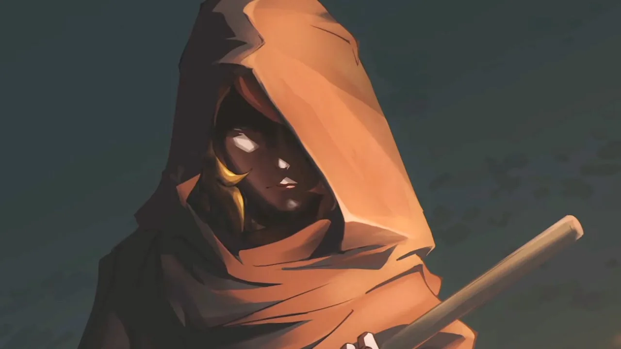 Hooded Figure in an Orange Cloak Holding a Wooden Staff Face Shadowed by the Hood
